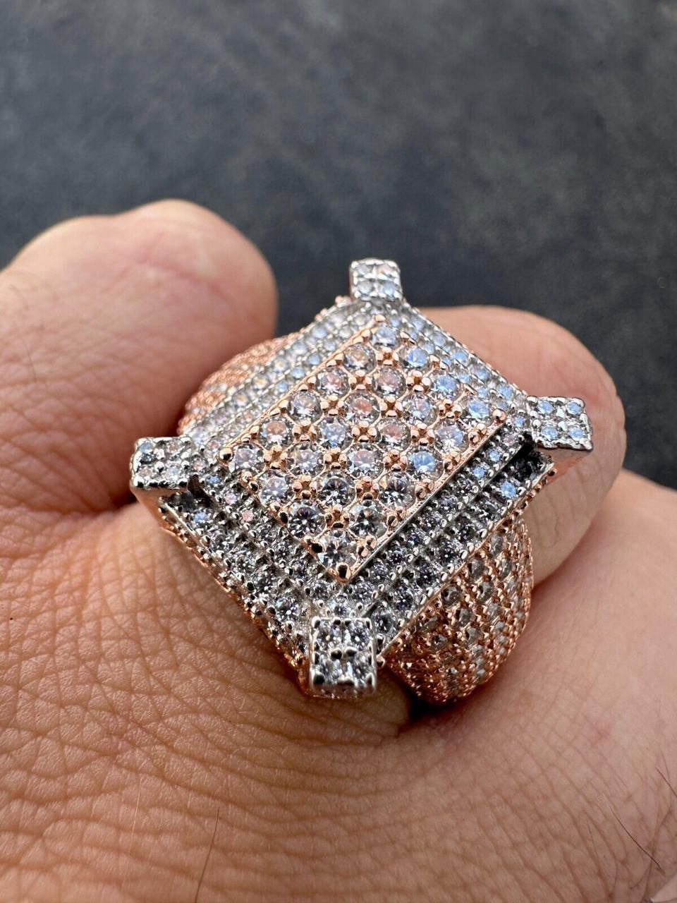 HarlemBling Men's Real 925 Silver 14k Rose Gold Plated MOISSANITE Large 3D Iced Hip Hop Ring