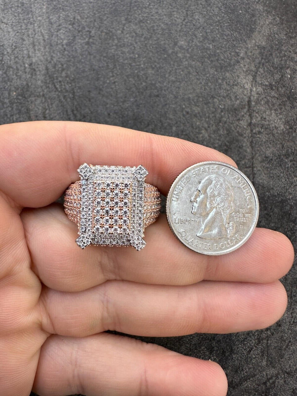 HarlemBling Men's Real 925 Silver 14k Rose Gold Plated MOISSANITE Large 3D Iced Hip Hop Ring