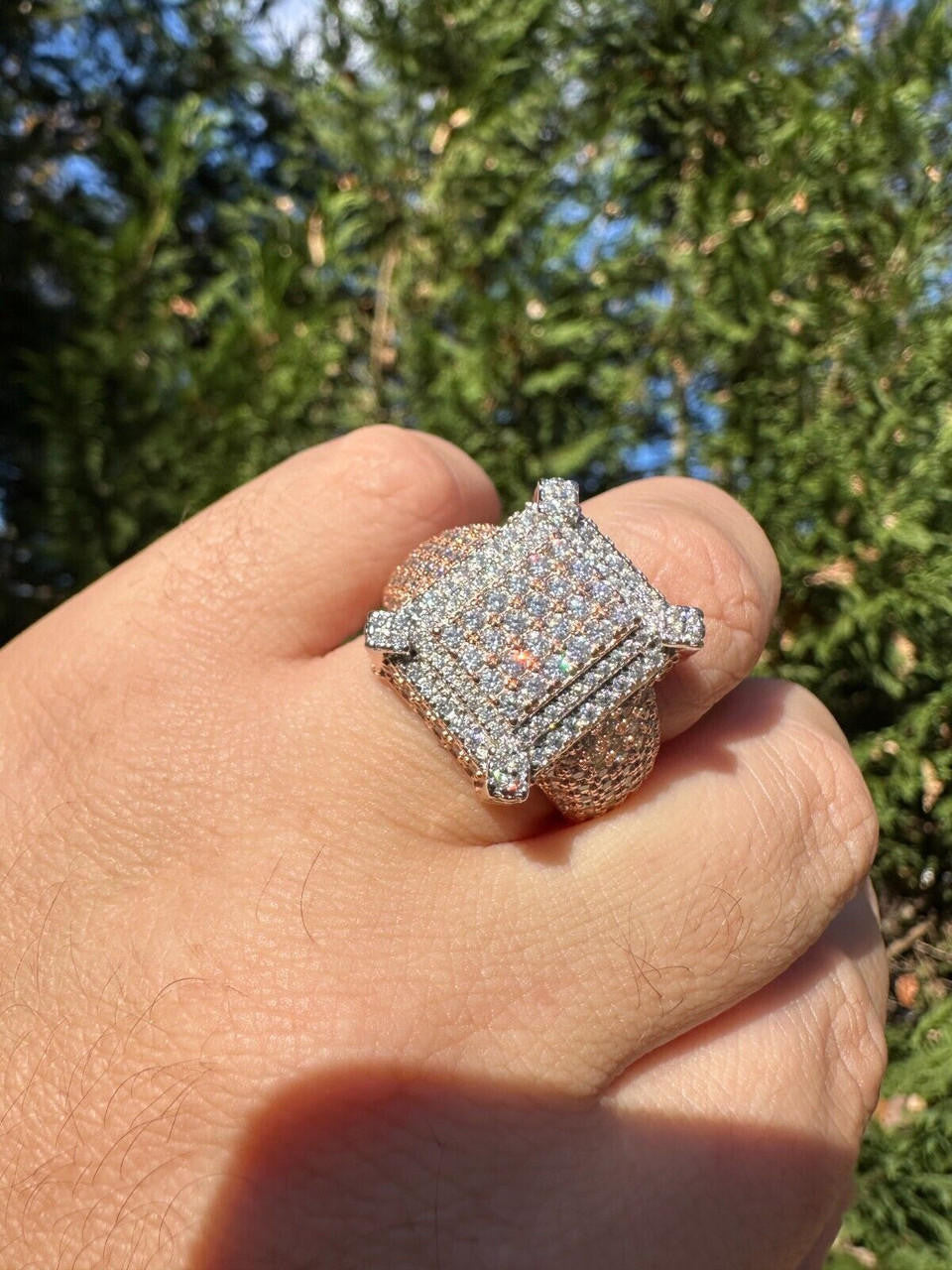 HarlemBling Men's Real 925 Silver 14k Rose Gold Plated MOISSANITE Large 3D Iced Hip Hop Ring