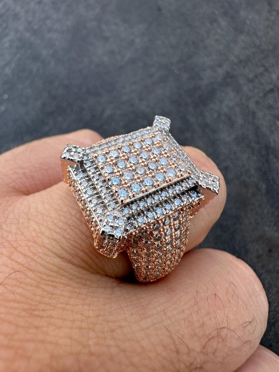 HarlemBling Men's Real 925 Silver 14k Rose Gold Plated MOISSANITE Large 3D Iced Hip Hop Ring