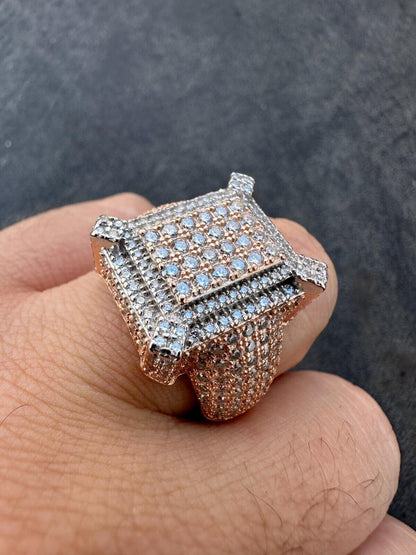 HarlemBling Men's Real 925 Silver 14k Rose Gold Plated MOISSANITE Large 3D Iced Hip Hop Ring