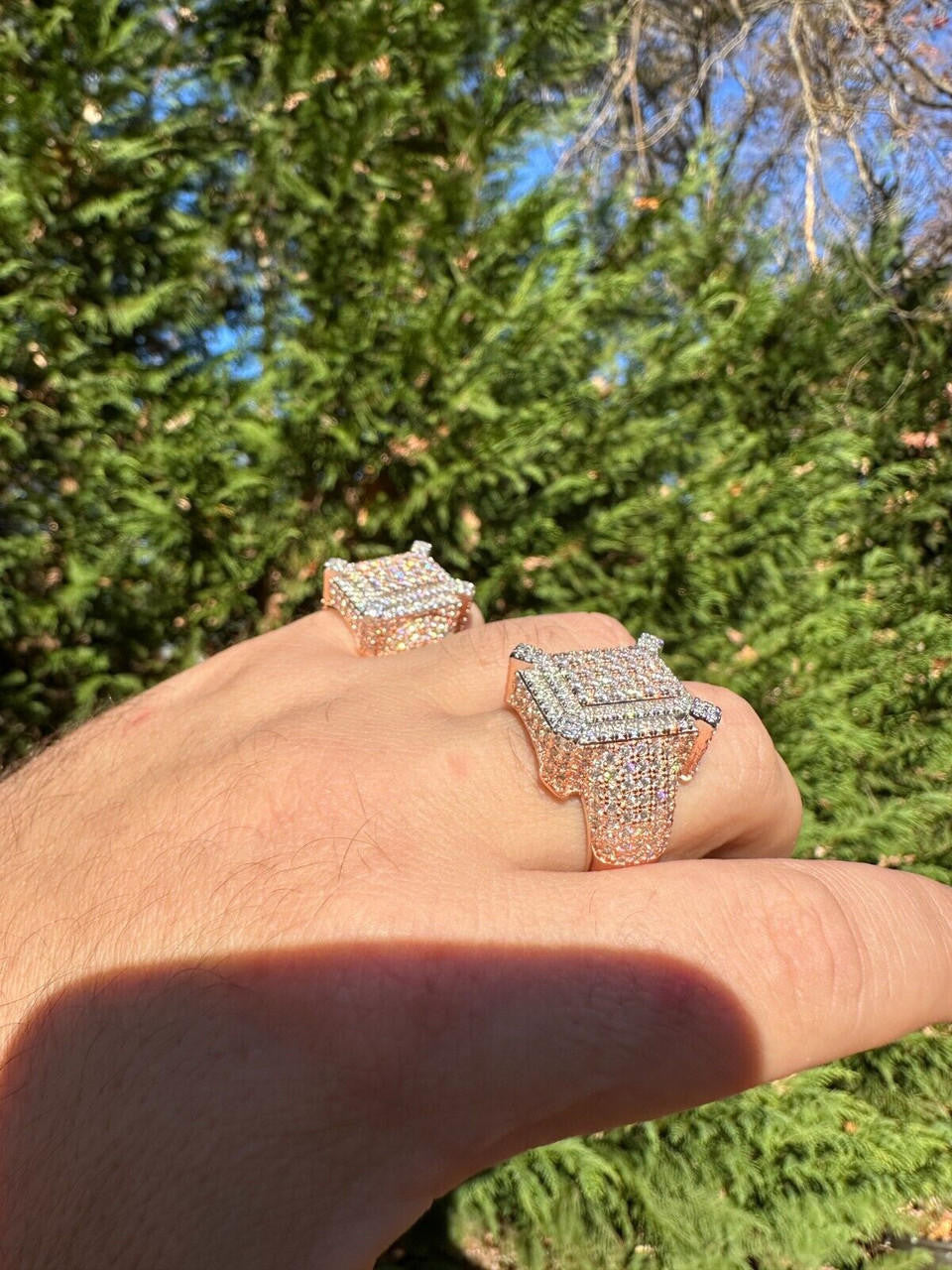 HarlemBling Men's Real 925 Silver 14k Rose Gold Plated MOISSANITE Large 3D Iced Hip Hop Ring