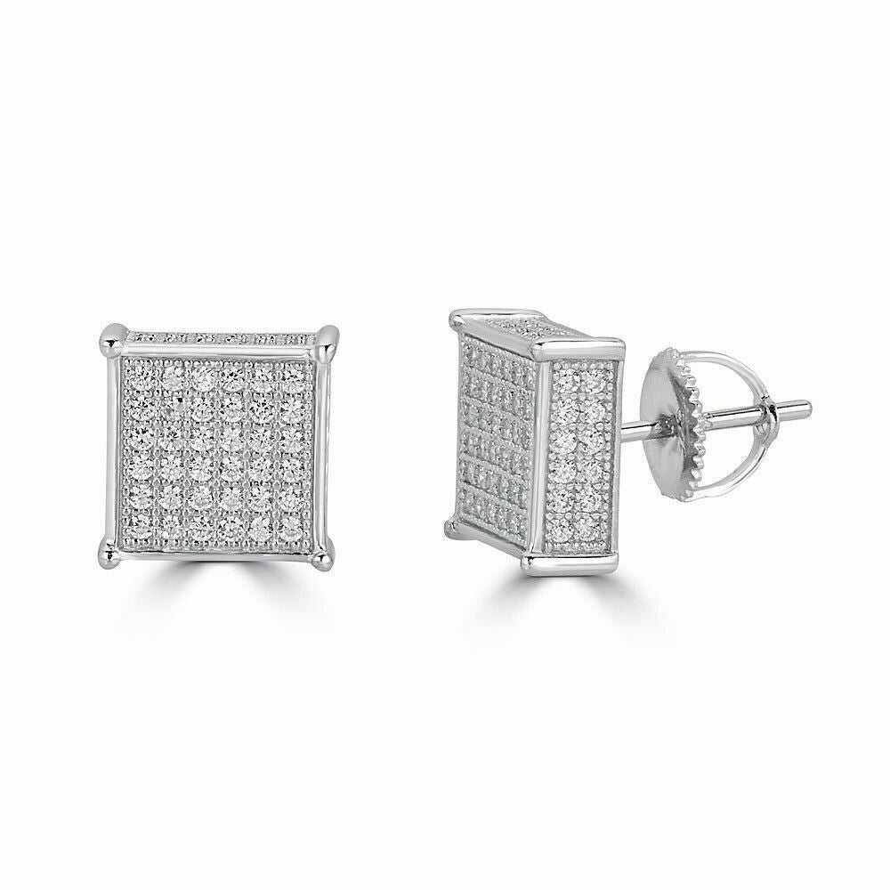 HarlemBling Mens REAL 925 Silver 3/8 Square Diamonds Stud Earrings Hip Hop Super ICY Cube