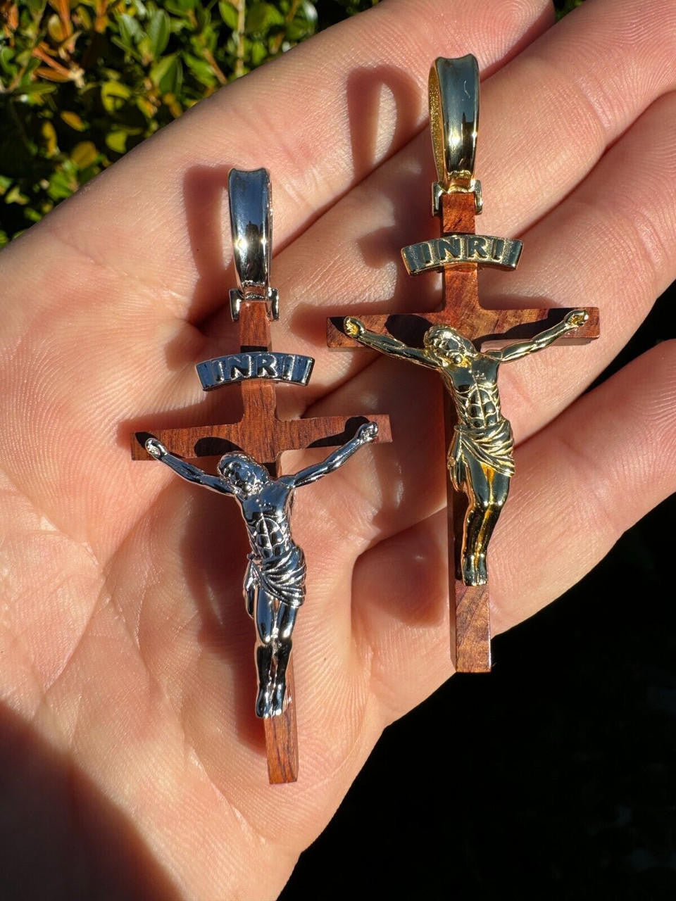 Mens Real 925 Silver & Red Cherry Walnut Wood Jesus On Cross