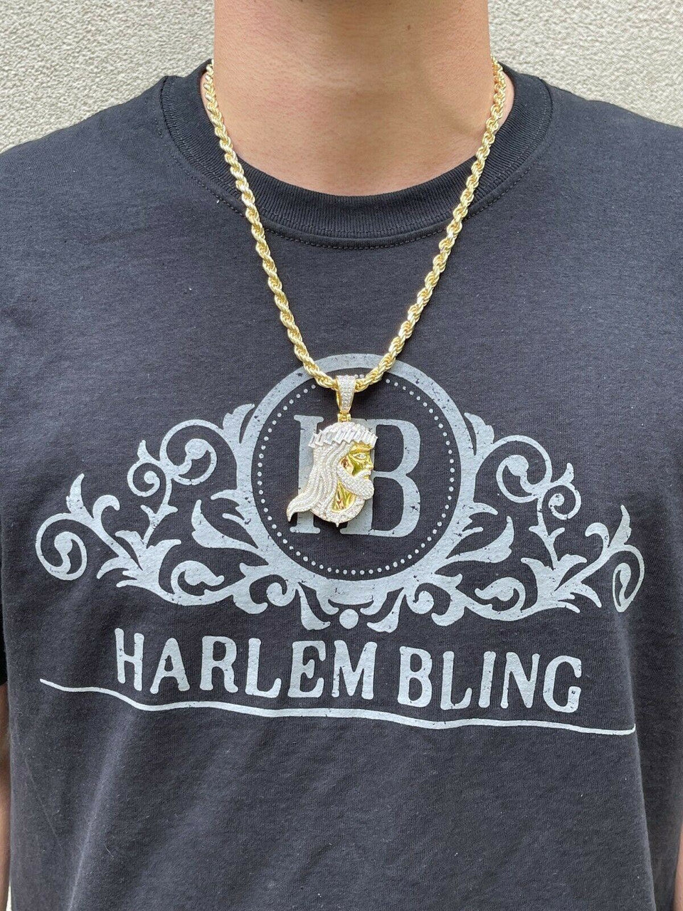 HarlemBling Mens Real 925 Silver / Gold Jesus Piece Iced Hip Hop Necklace Baguette Diamond