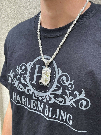 HarlemBling Mens Real 925 Silver / Gold Jesus Piece Iced Hip Hop Necklace Baguette Diamond