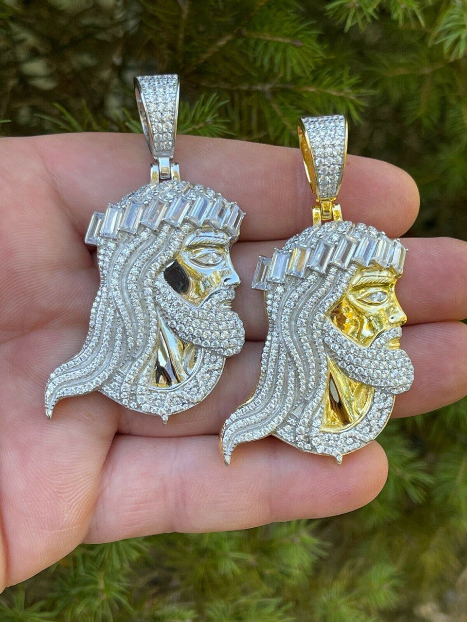 HarlemBling Mens Real 925 Silver / Gold Jesus Piece Iced Hip Hop Necklace Baguette Diamond