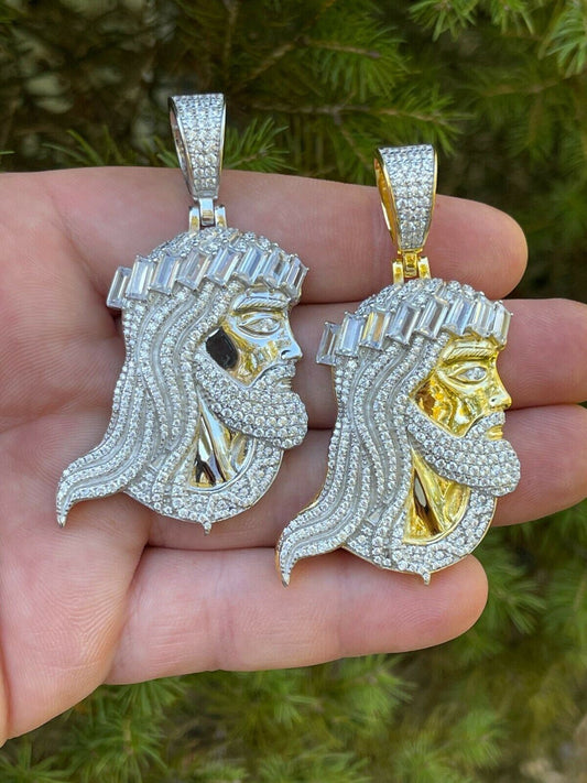 HarlemBling Mens Real 925 Silver / Gold Jesus Piece Iced Hip Hop Necklace Baguette Diamond