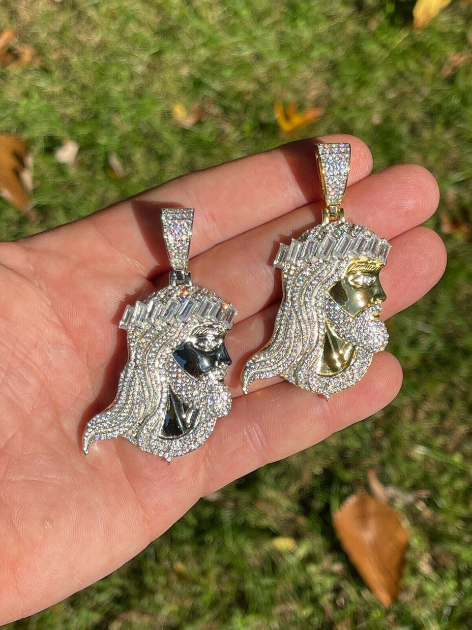 HarlemBling Mens Real 925 Silver / Gold Jesus Piece Iced Hip Hop Necklace Baguette Diamond