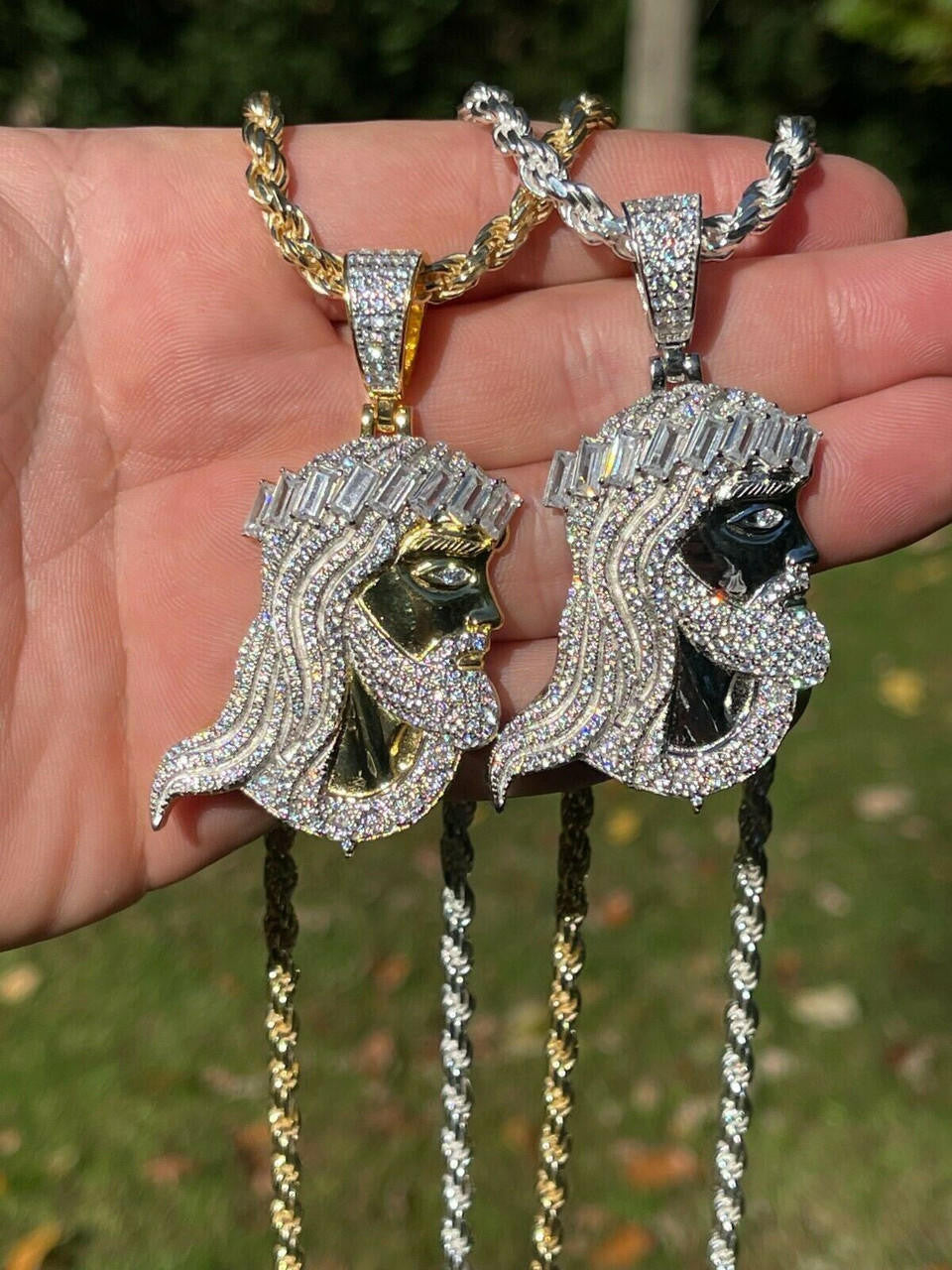 HarlemBling Mens Real 925 Silver / Gold Jesus Piece Iced Hip Hop Necklace Baguette Diamond