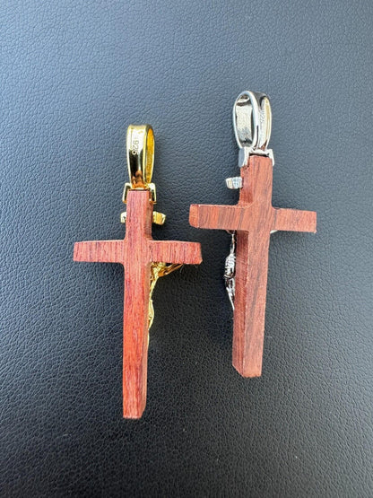 HarlemBling Mens Real 925 Silver Red Cherry Walnut Wood Jesus Cross Pendant Necklace 1.25"