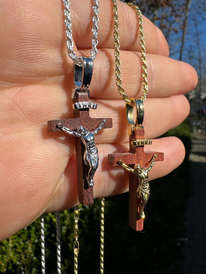 HarlemBling Mens Real 925 Silver Red Cherry Walnut Wood Jesus Cross Pendant Necklace 1.25"