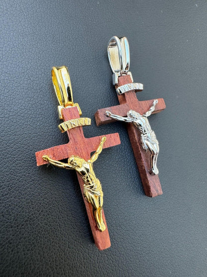 HarlemBling Mens Real 925 Silver Red Cherry Walnut Wood Jesus Cross Pendant Necklace 1.25"