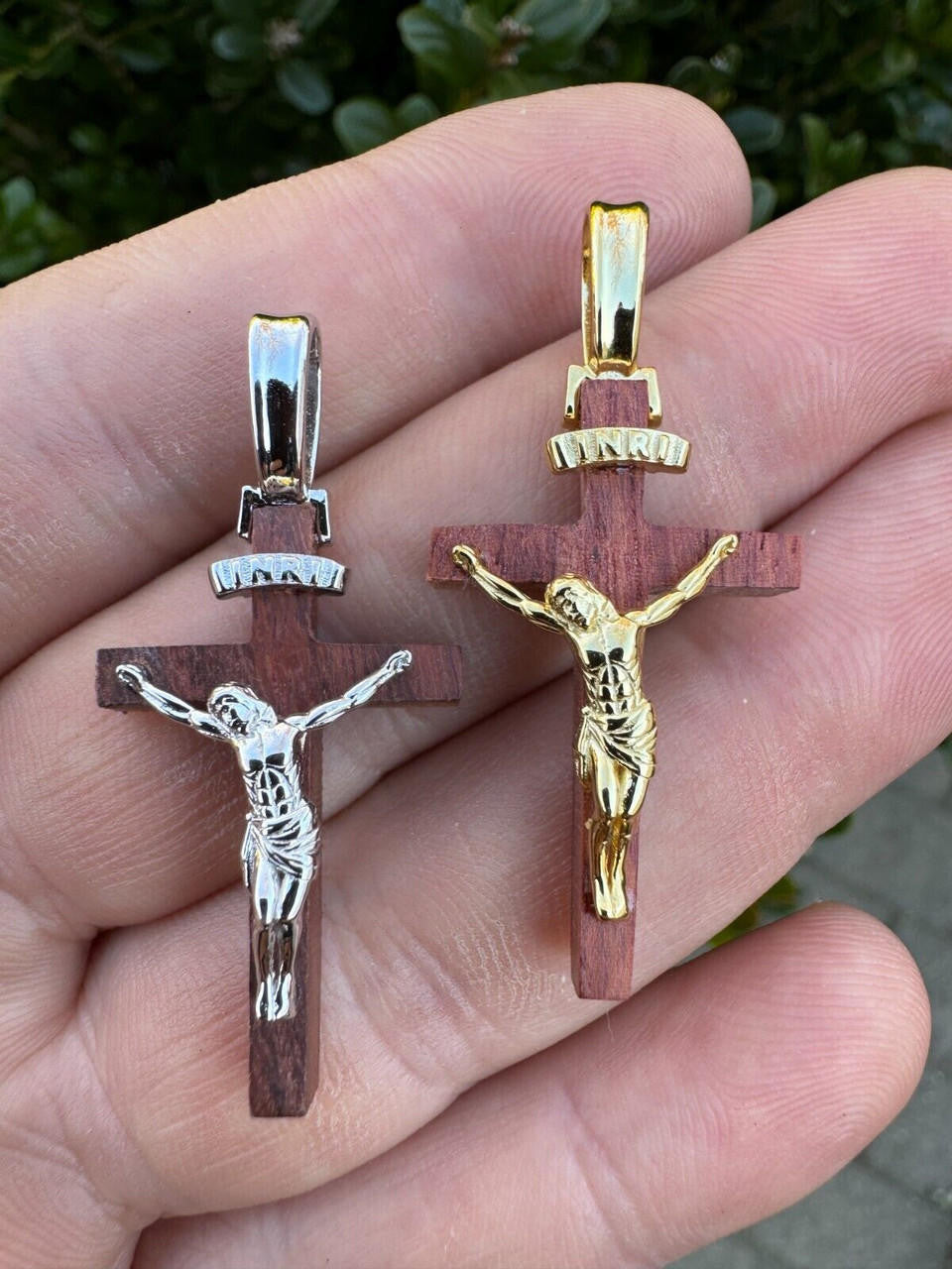 HarlemBling Mens Real 925 Silver Red Cherry Walnut Wood Jesus Cross Pendant Necklace 1.25"