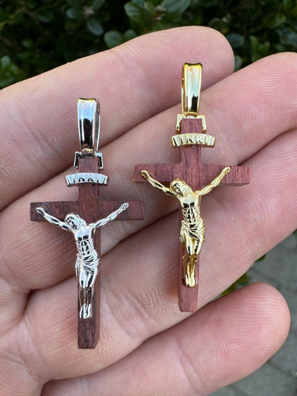 HarlemBling Mens Real 925 Silver Red Cherry Walnut Wood Jesus Cross Pendant Necklace 1.25"