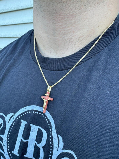 HarlemBling Mens Real 925 Silver Red Cherry Walnut Wood Jesus Cross Pendant Necklace 1.25"