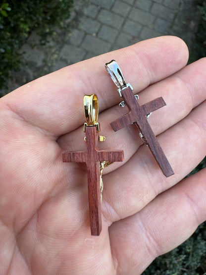 HarlemBling Mens Real 925 Silver Red Cherry Walnut Wood Jesus Cross Pendant Necklace 1.25"