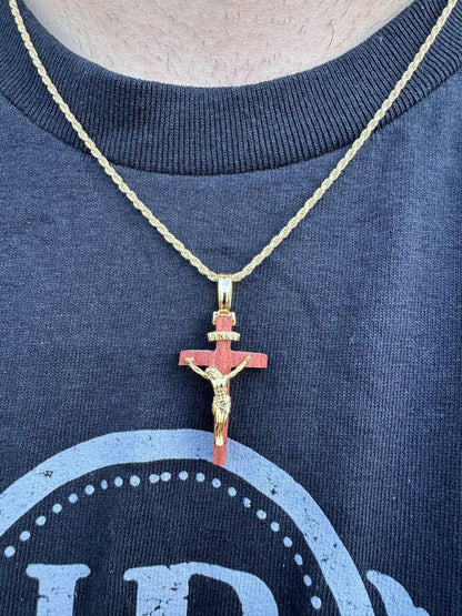 HarlemBling Mens Real 925 Silver Red Cherry Walnut Wood Jesus Cross Pendant Necklace 1.25"