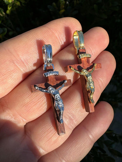 HarlemBling Mens Real 925 Silver Red Cherry Walnut Wood Jesus Cross Pendant Necklace 1.25"