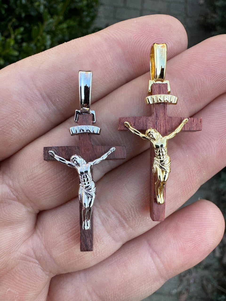 HarlemBling Mens Real 925 Silver Red Cherry Walnut Wood Jesus Cross Pendant Necklace 1.25"