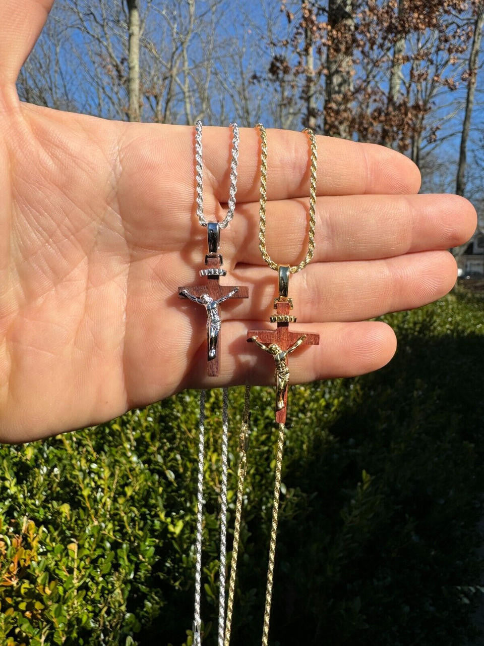 Red Cherry Walnut Wood PlainJesus Cross Pendant - 14k Gold Vermeil