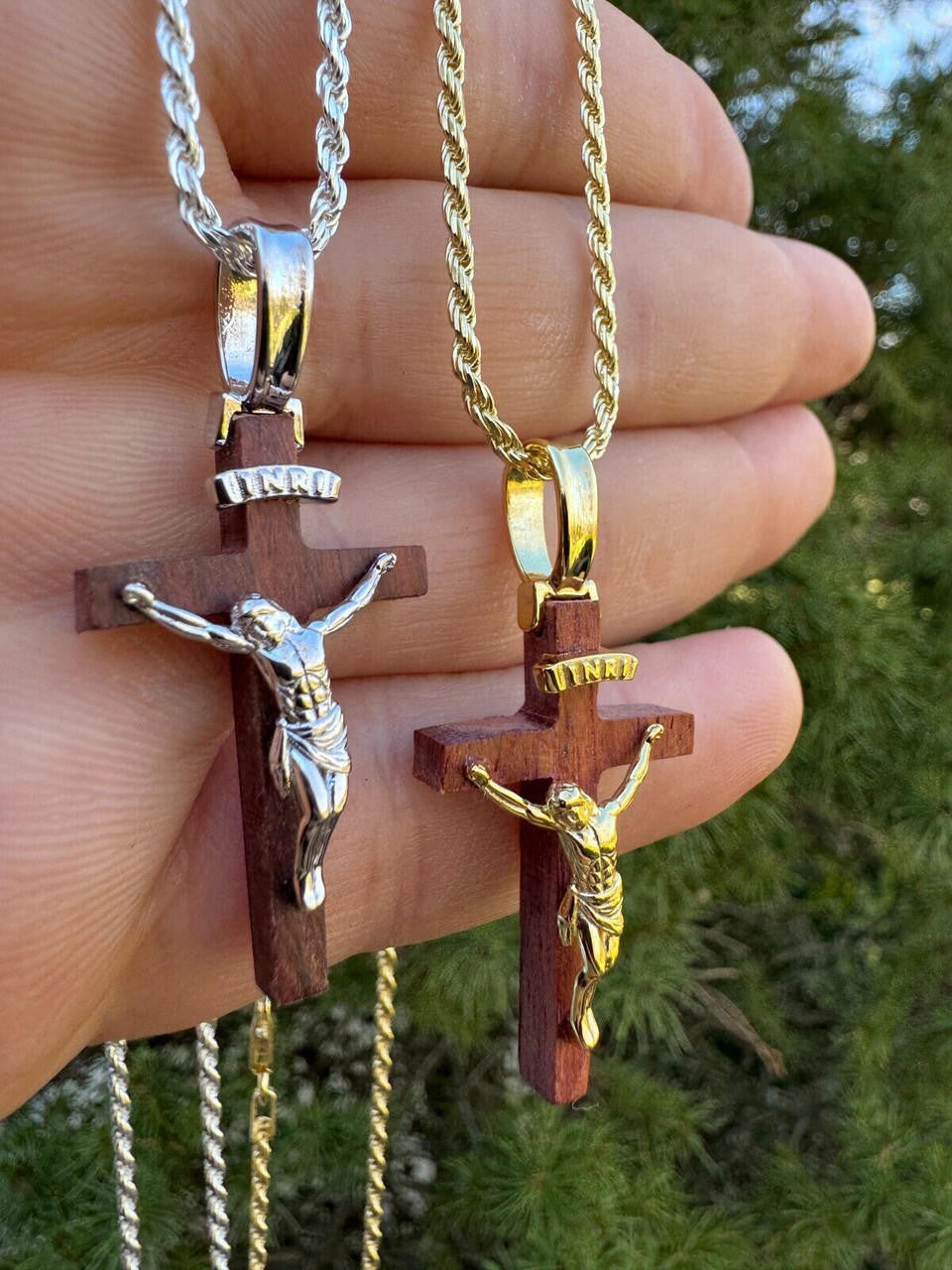 HarlemBling Mens Real 925 Silver Red Cherry Walnut Wood Jesus Cross Pendant Necklace 1.25"