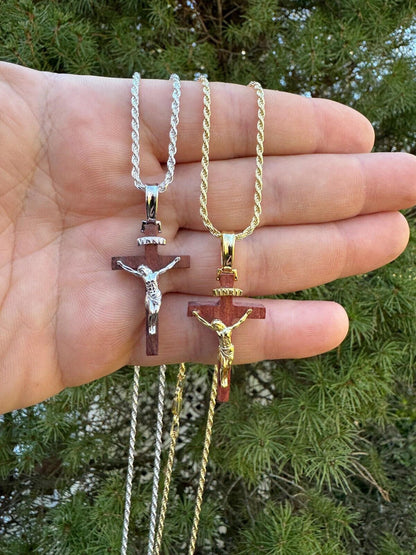 HarlemBling Mens Real 925 Silver Red Cherry Walnut Wood Jesus Cross Pendant Necklace 1.25"
