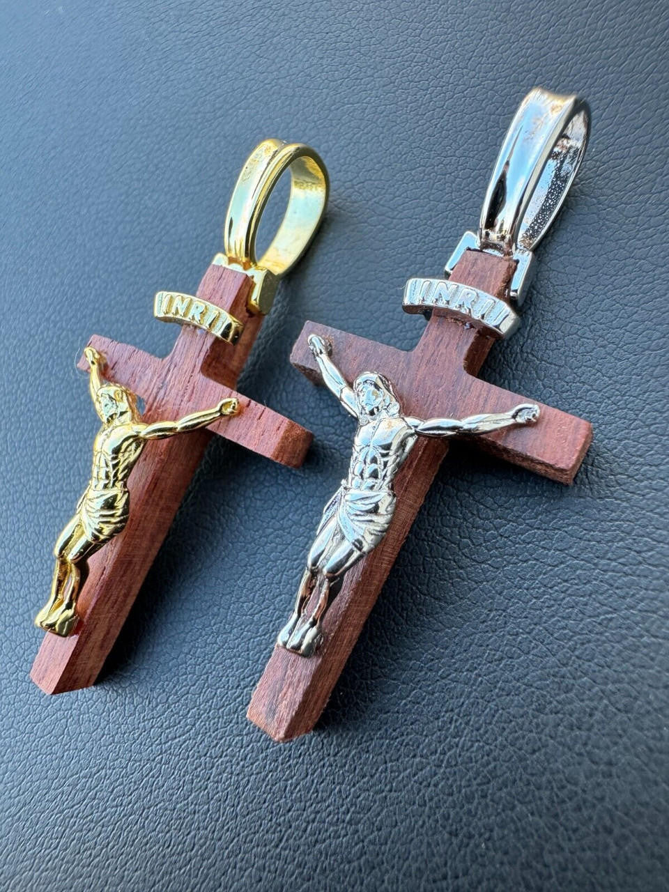 HarlemBling Mens Real 925 Silver Red Cherry Walnut Wood Jesus Cross Pendant Necklace 1.25"
