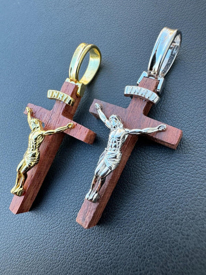 HarlemBling Mens Real 925 Silver Red Cherry Walnut Wood Jesus Cross Pendant Necklace 1.25"