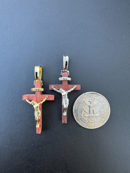 HarlemBling Mens Real 925 Silver Red Cherry Walnut Wood Jesus Cross Pendant Necklace 1.25"