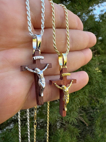 HarlemBling Mens Real 925 Silver Red Cherry Walnut Wood Jesus Cross Pendant Necklace 1.25"