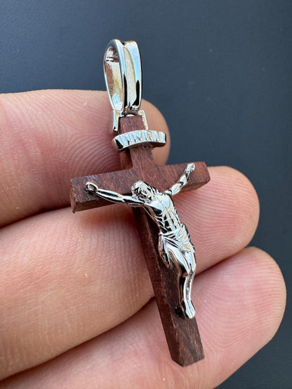 HarlemBling Mens Real 925 Silver Red Cherry Walnut Wood Jesus Cross Pendant Necklace 1.25"