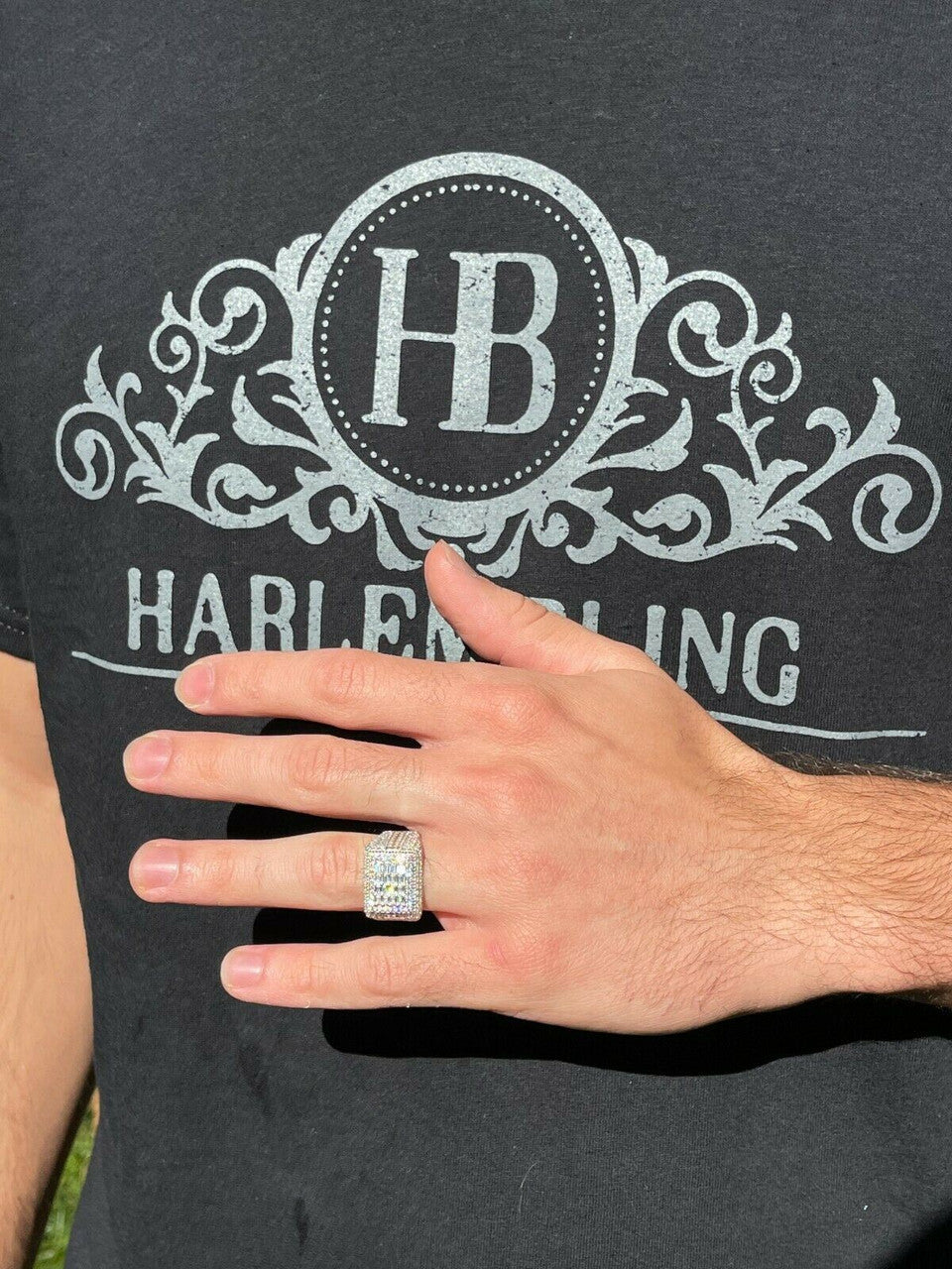 HarlemBling Mens Real 925 Silver Ring Iced Baguette Diamond Pinky Hip Hop Size 6 7 8 9 10 11