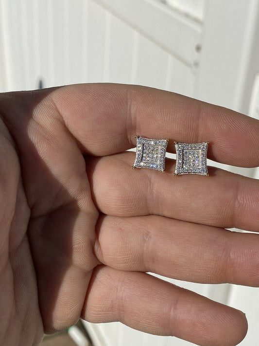 HarlemBling Mens Real 925 Solid Sterling Silver and 14k Gold Iced Kite CZ Earrings Studs