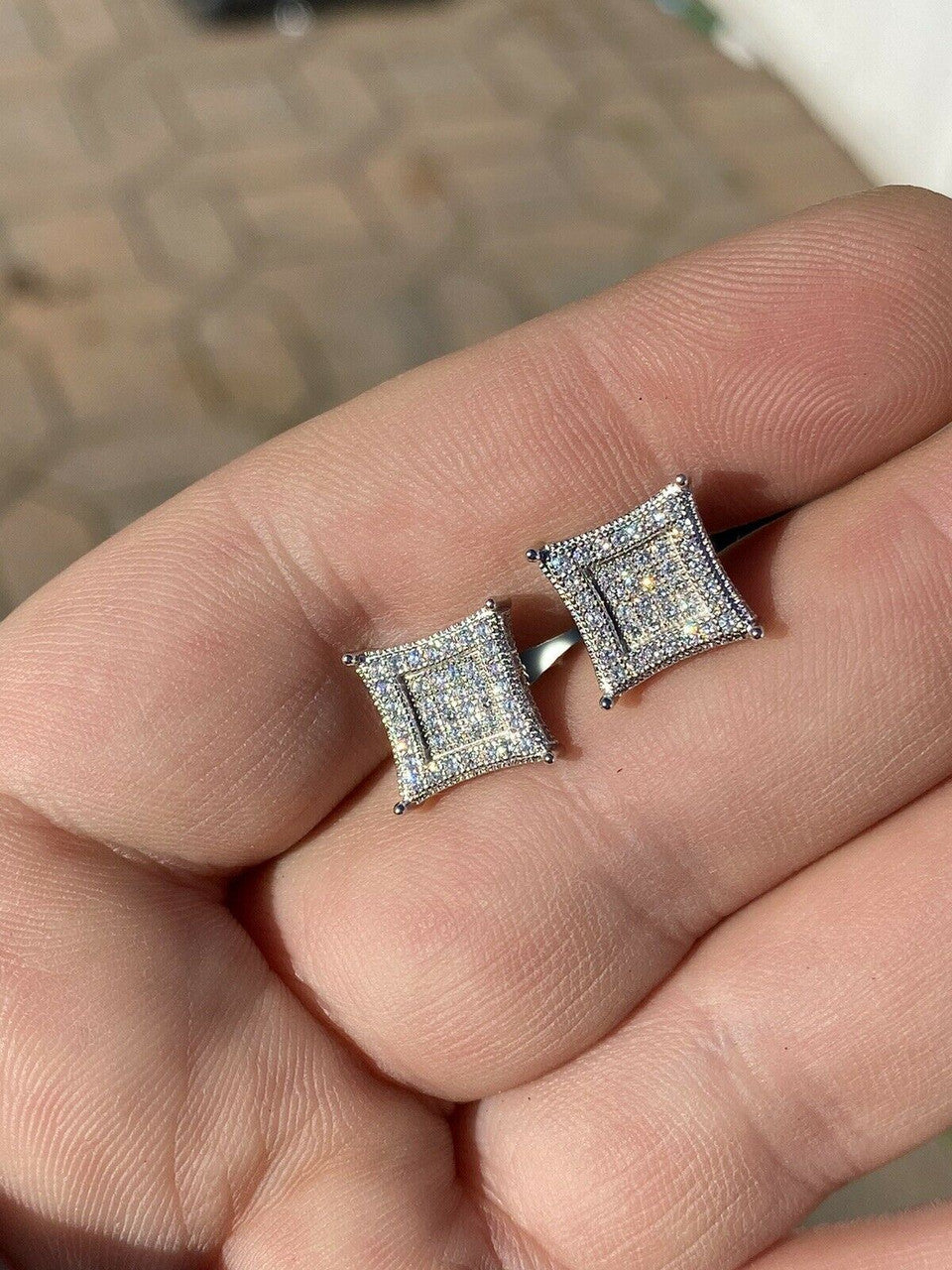 HarlemBling Mens Real 925 Solid Sterling Silver Iced Kite Diamond Earrings Studs 10mm HipHop