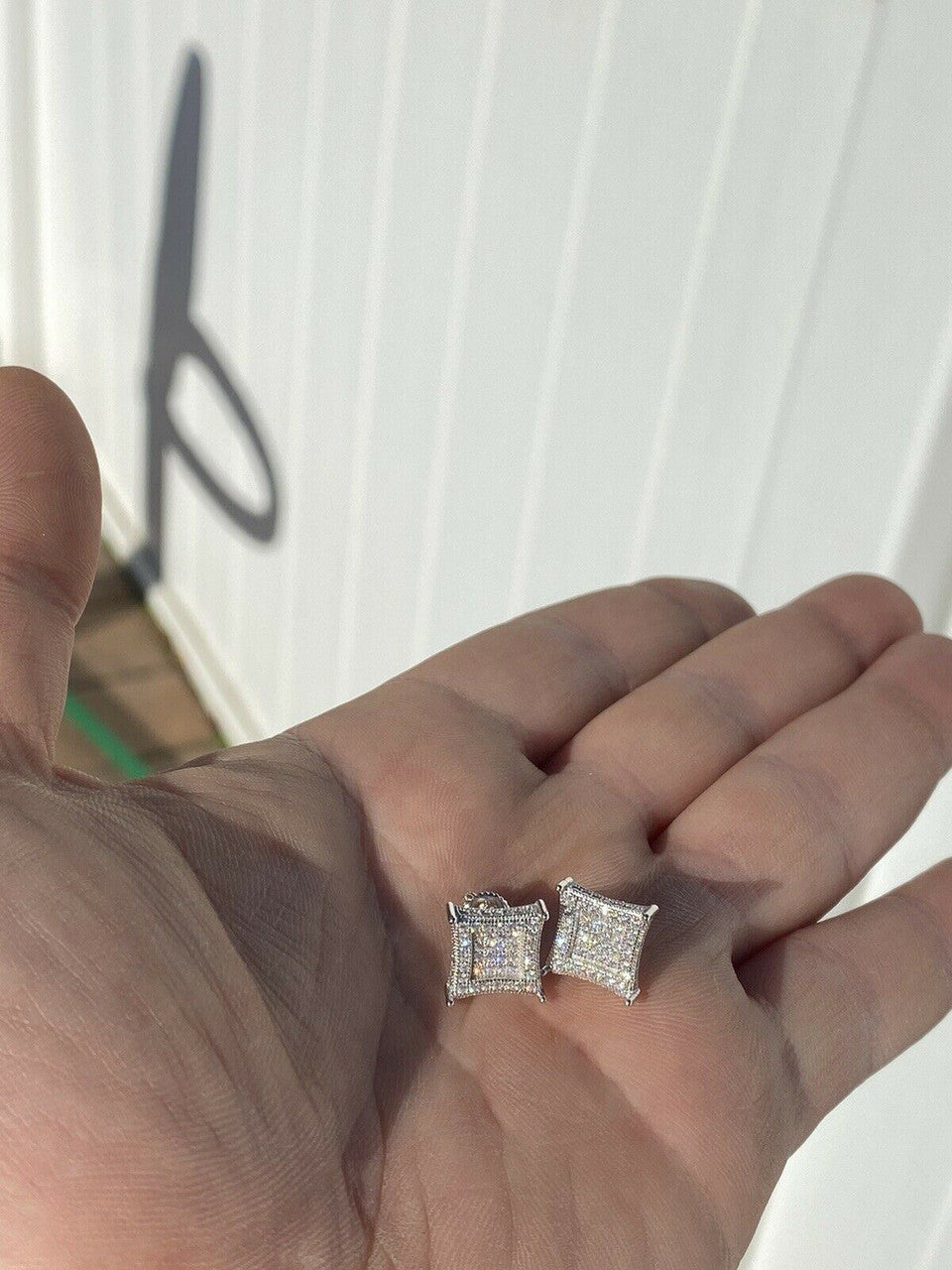 HarlemBling Mens Real 925 Solid Sterling Silver Iced Kite Diamond Earrings Studs 10mm HipHop