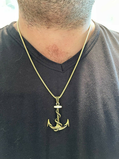 HarlemBling Mens Real 925 Sterling Silver Anchor Nautical Navy Pendant Necklace Gold Large