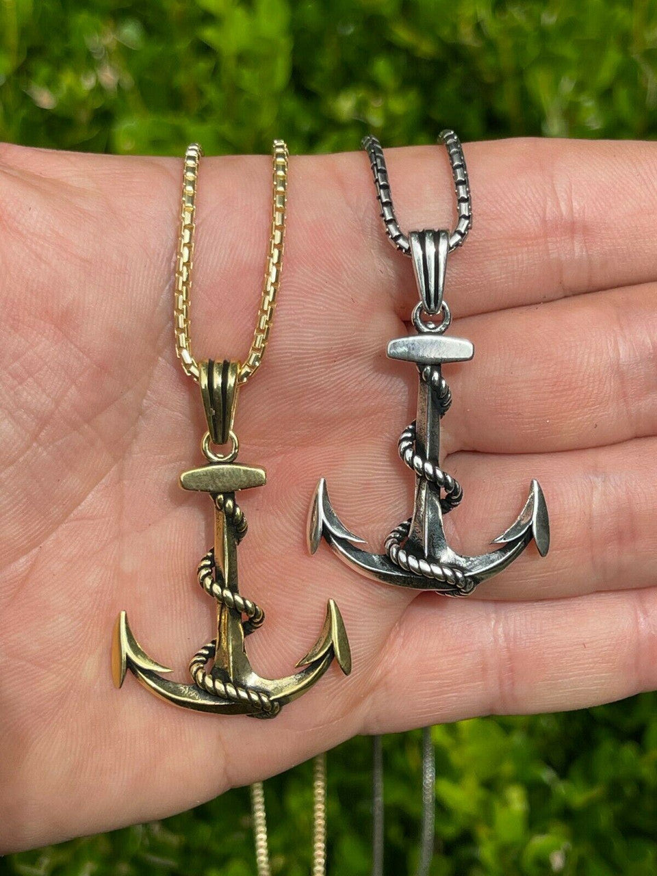 HarlemBling Mens Real 925 Sterling Silver Anchor Nautical Navy Pendant Necklace Gold Large