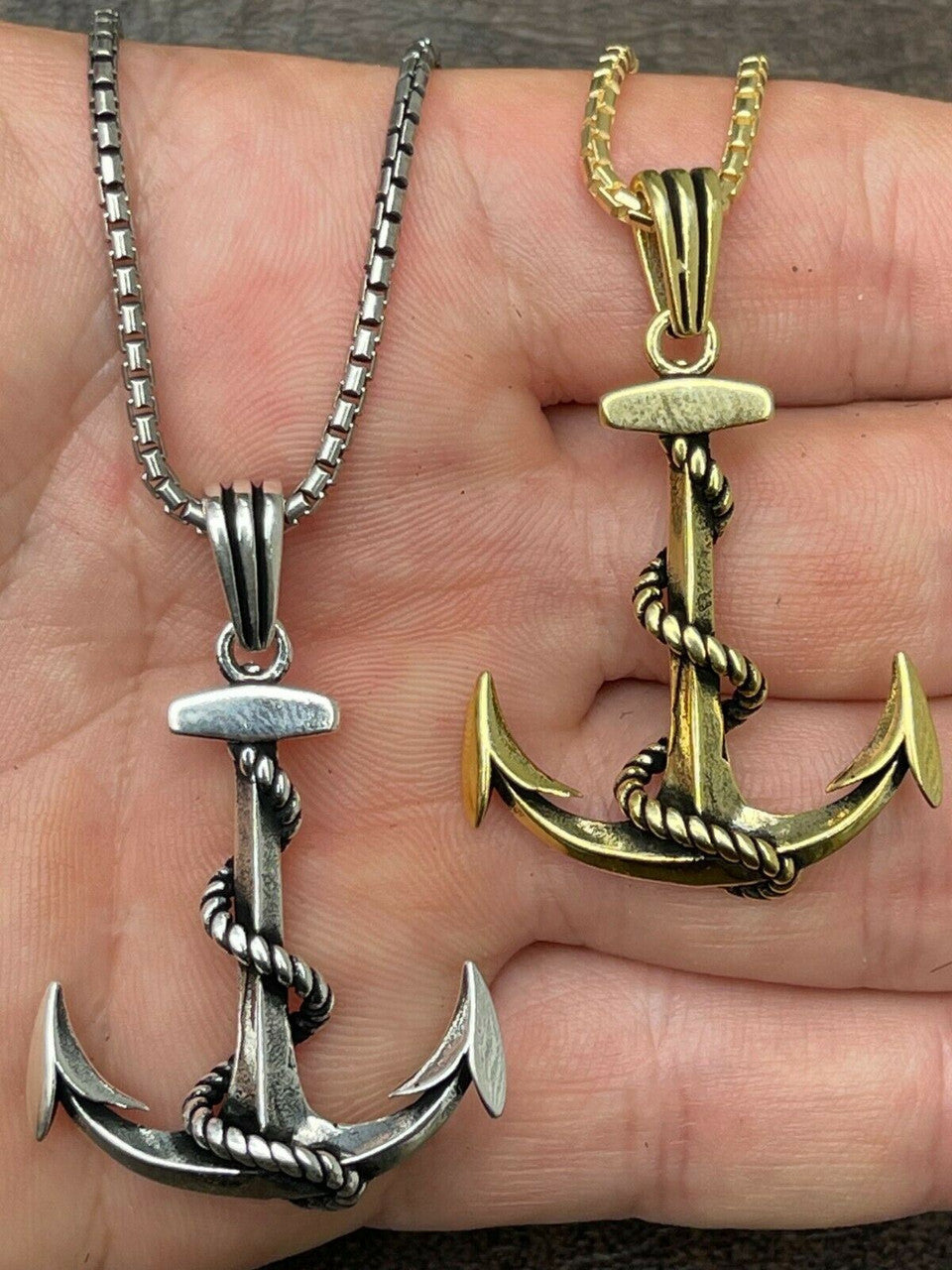 HarlemBling Mens Real 925 Sterling Silver Anchor Nautical Navy Pendant Necklace Gold Large