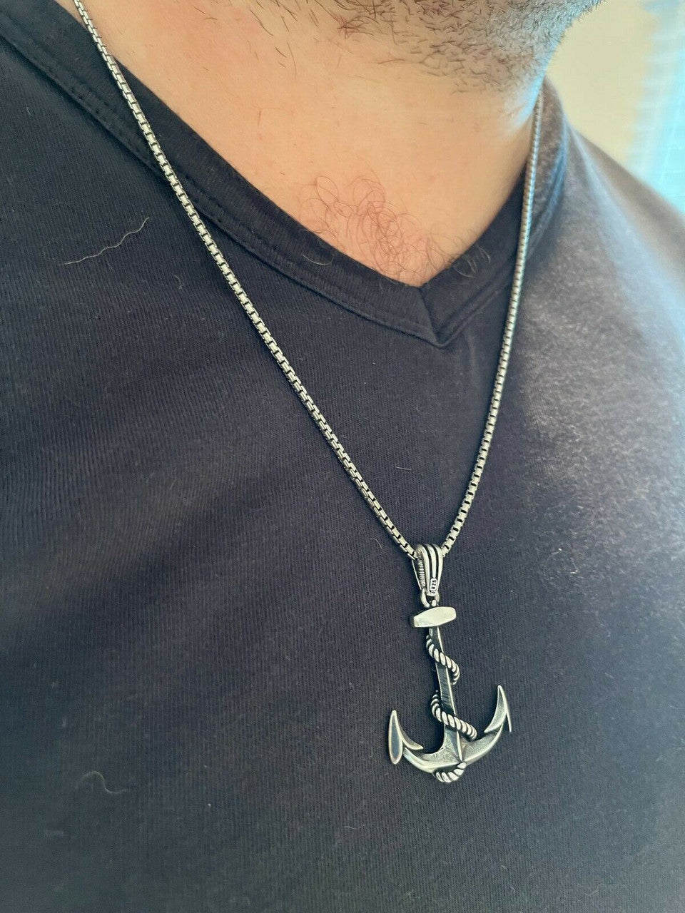 HarlemBling Mens Real 925 Sterling Silver Anchor Nautical Navy Pendant Necklace Gold Large