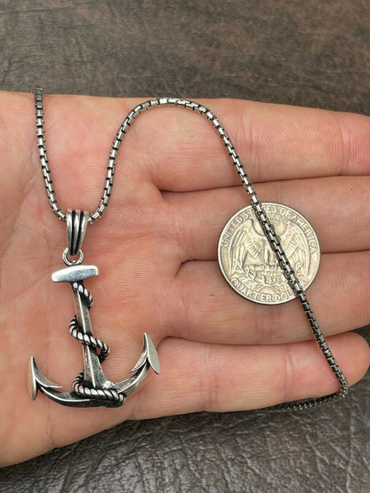 HarlemBling Mens Real 925 Sterling Silver Anchor Nautical Navy Pendant Necklace Gold Large