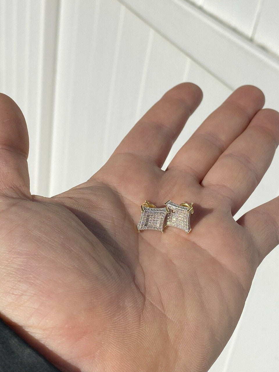 HarlemBling Mens Real 925 Sterling Silver and 14k Gold Iced Kite Moissanite Earrings Studs