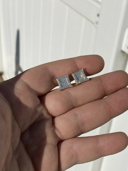 HarlemBling Mens Real 925 Sterling Silver and 14k Gold Iced Kite Moissanite Earrings Studs