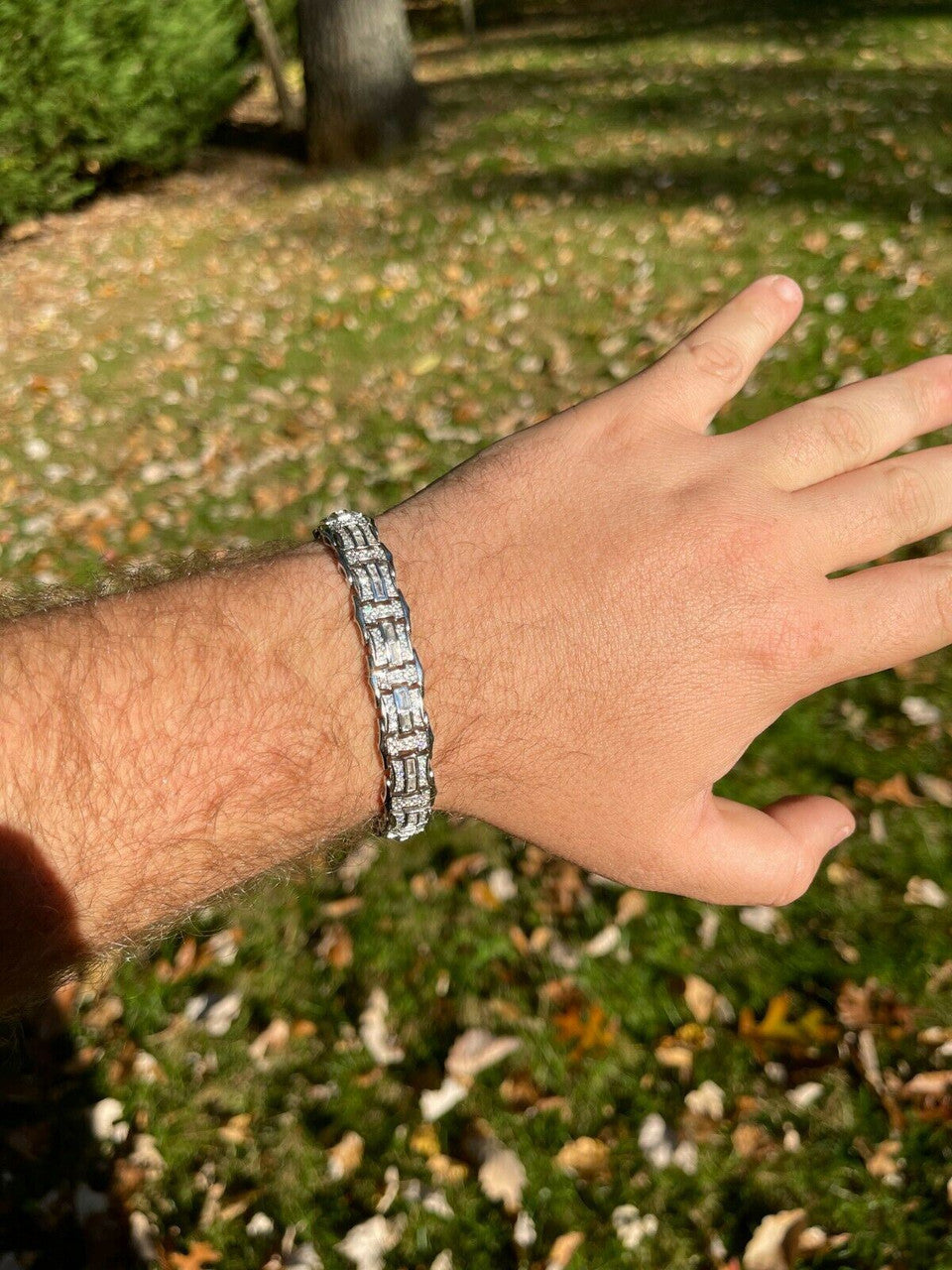 HarlemBling Mens Real 925 Sterling Silver Iced Baguette Hip Hop Bust Down Diamond Bracelet