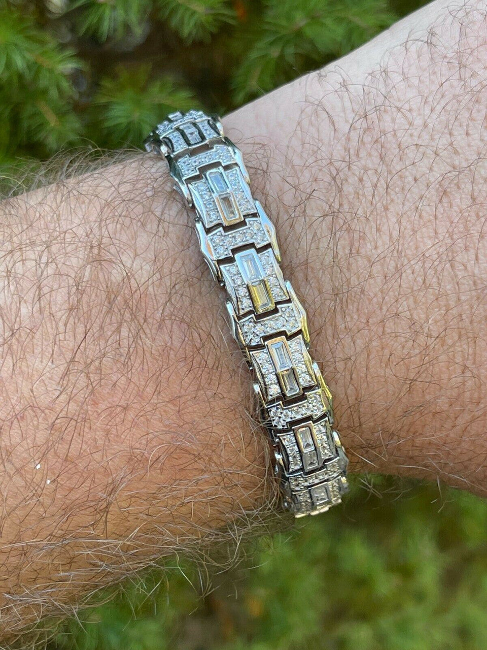 HarlemBling Mens Real 925 Sterling Silver Iced Baguette Hip Hop Bust Down Diamond Bracelet