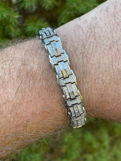 HarlemBling Mens Real 925 Sterling Silver Iced Baguette Hip Hop Bust Down Diamond Bracelet