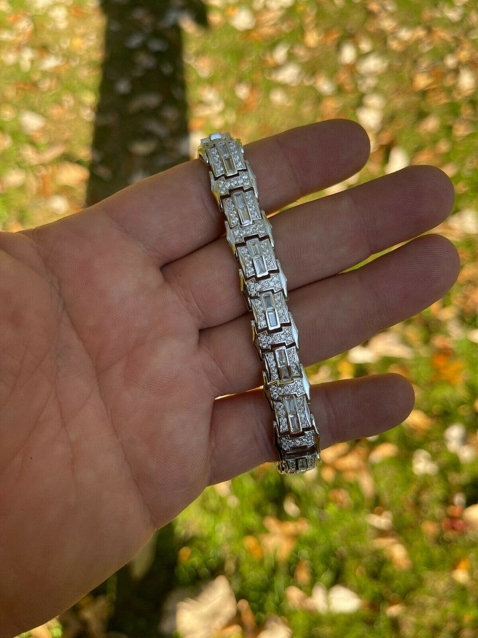 HarlemBling Mens Real 925 Sterling Silver Iced Baguette Hip Hop Bust Down Diamond Bracelet