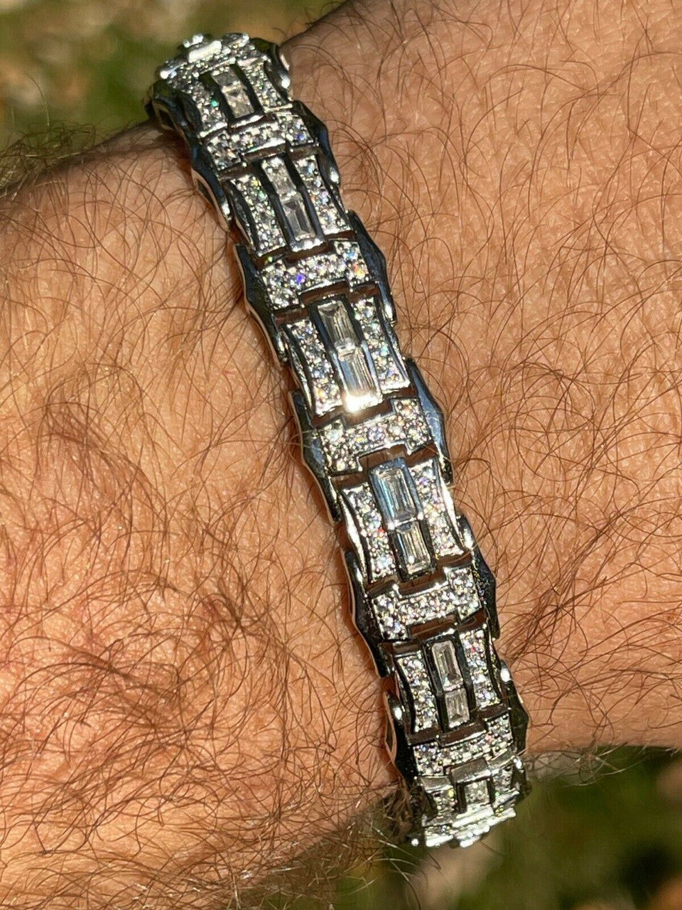 HarlemBling Mens Real 925 Sterling Silver Iced Baguette Hip Hop Bust Down Diamond Bracelet