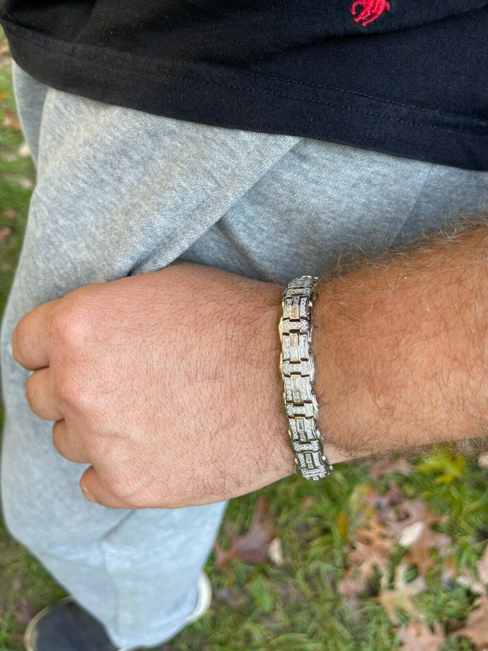 HarlemBling Mens Real 925 Sterling Silver Iced Baguette Hip Hop Bust Down Diamond Bracelet