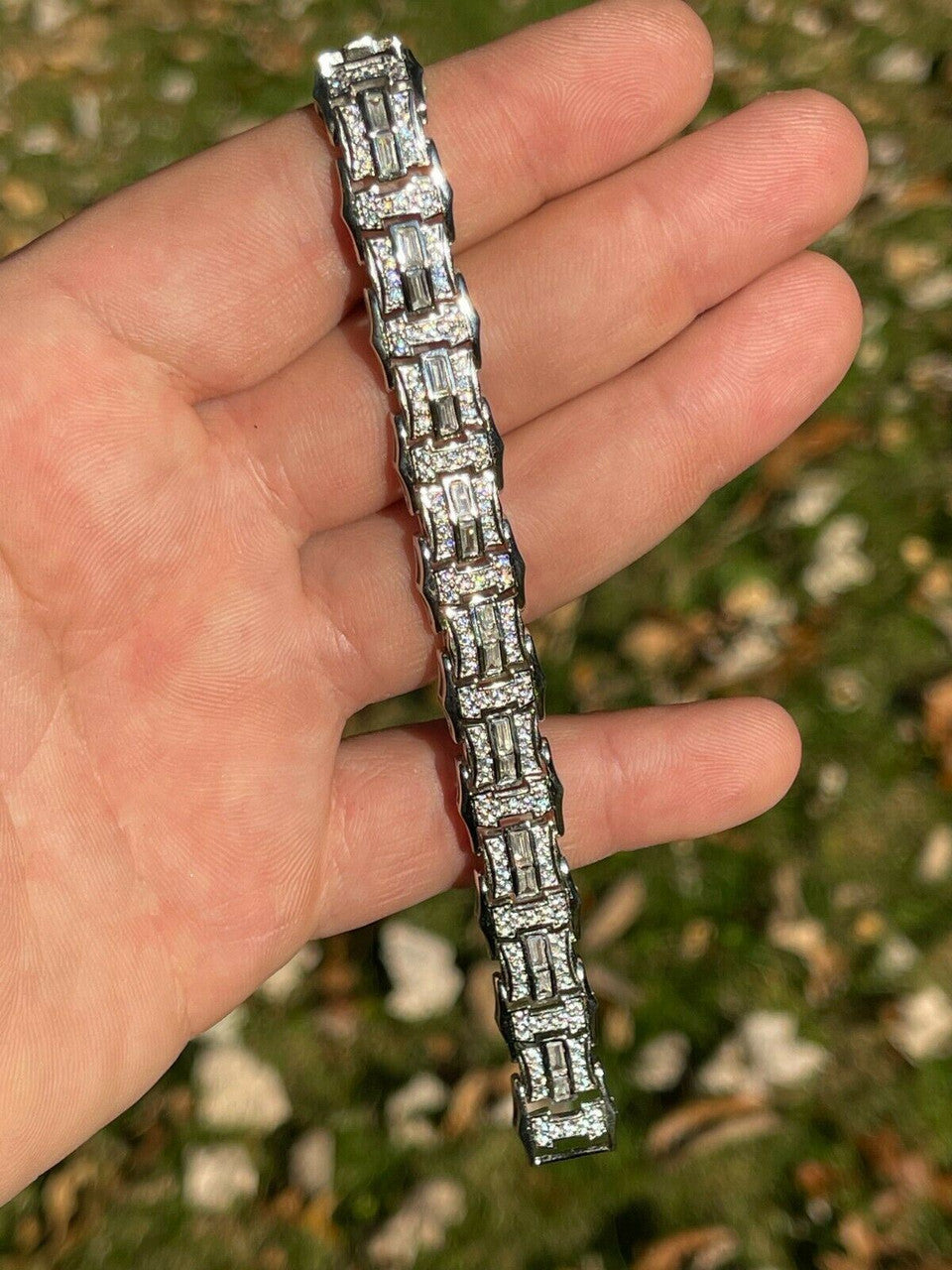 HarlemBling Mens Real 925 Sterling Silver Iced Baguette Hip Hop Bust Down Diamond Bracelet